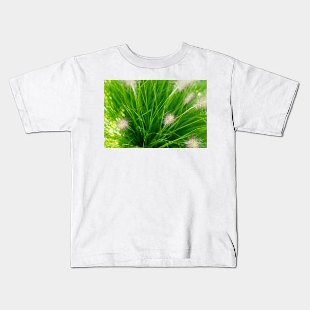 Bright spring grass field with sunlight bokeh background; selective focus Kids T-Shirt by NxtArt